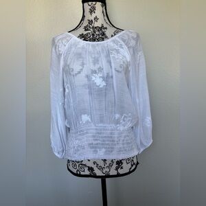 PerSeption Concept White Sheer Peasant Blouse with Smocked Hem